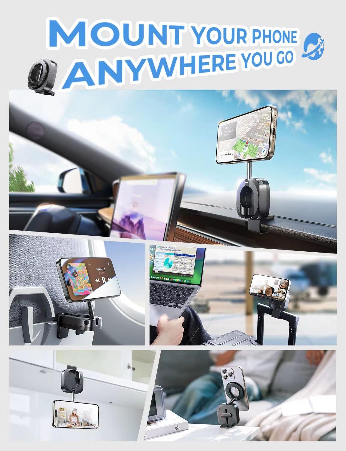 for Magsafe Car Mount Airplane Phone Holder Flexible 360° Rotatable Dashboard Cell Phone Holder for Iphone 15 14 13 12Mini